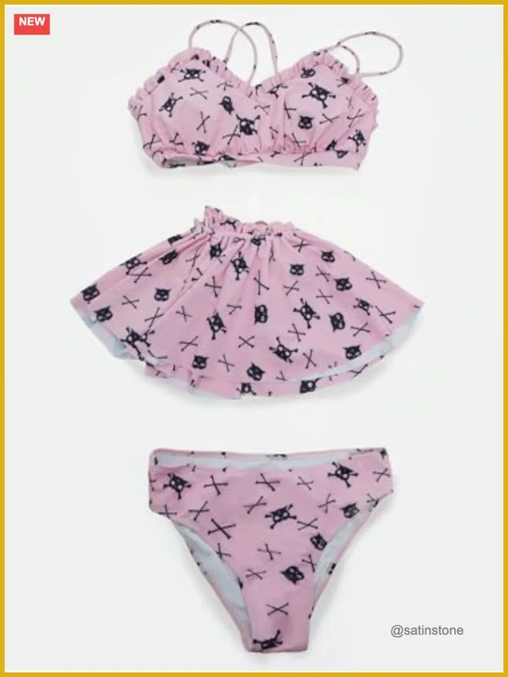 Gothic Bikini Set with Skirt - Cartoon Skull Cat Print Swimwear